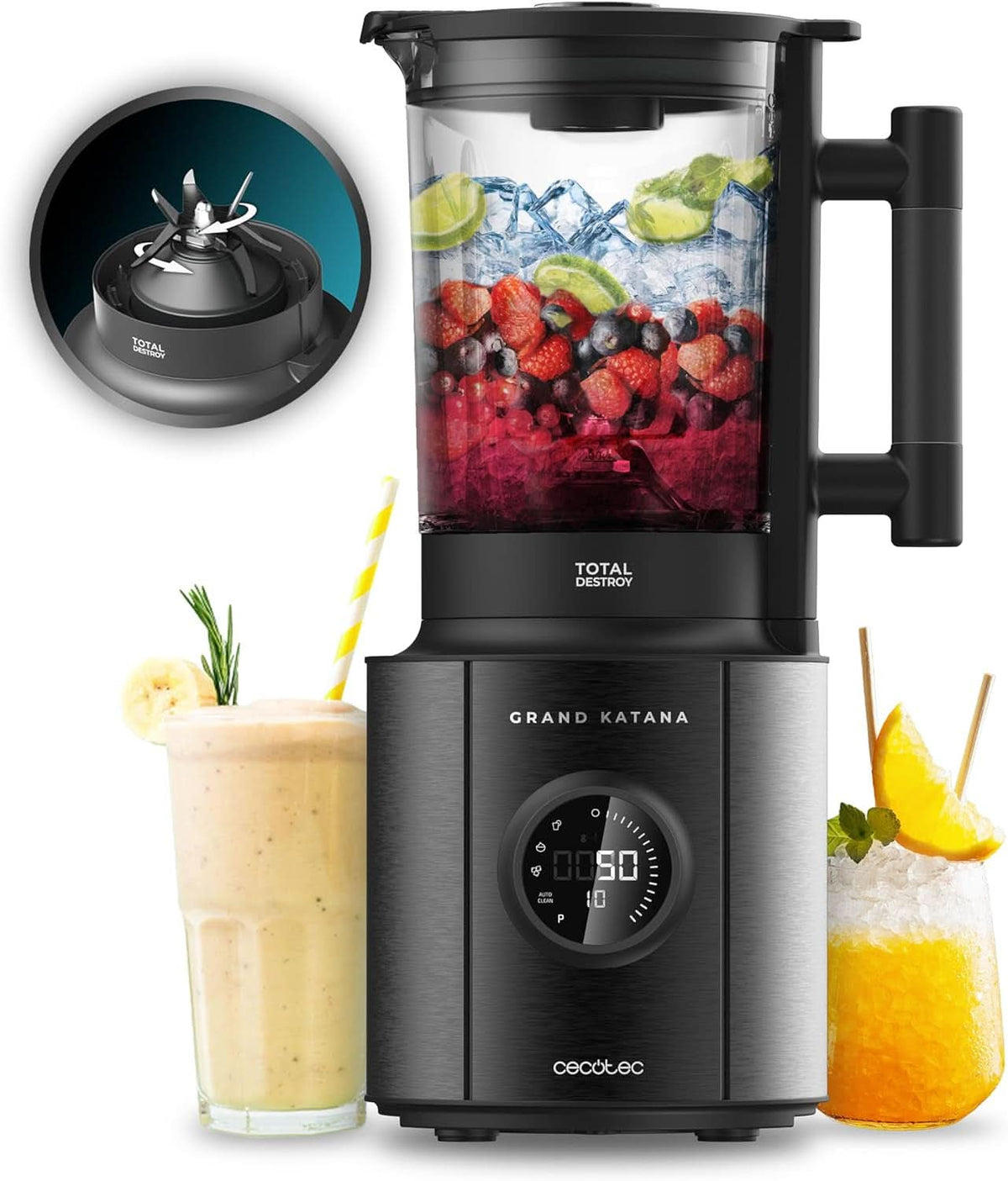 Cecotec Standmixer Grand Katana 2700MAX Total Destroy W. Maximalleistung 2700W, Gegenläufige Technologie, 8-Klingen-Messer Mit Schwarzer Titanbeschichtung, Thermoresistenter Krug 1,8L Mama si Copilul Naty Shop Schwarz / Display