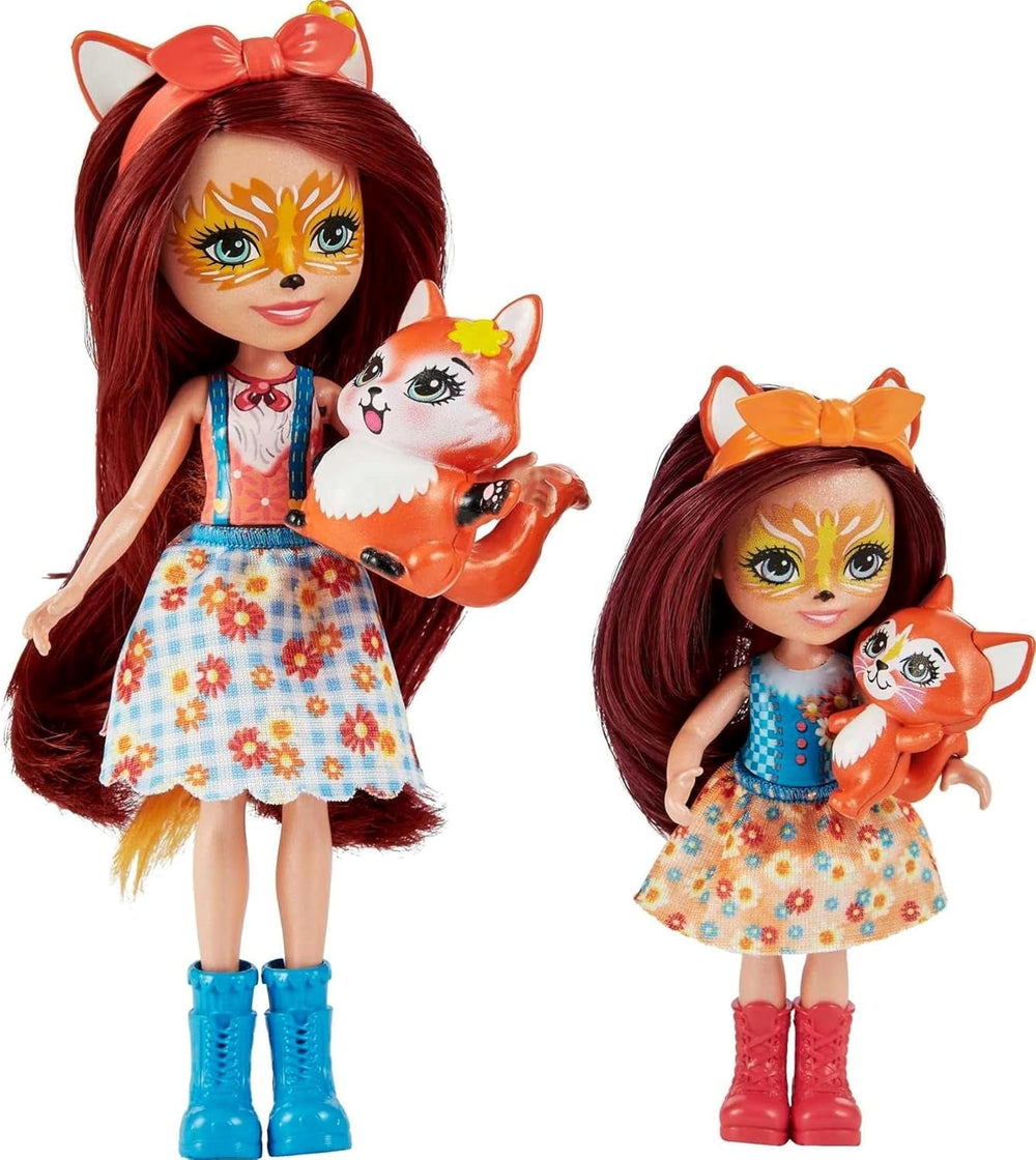 Enchantimals HCF81 - Felicity Fox și sora ei mai mică (aprox. 15 cm și aprox. 10 cm) și 2 figurine animale, fustă detașabilă și accesorii, cadou excelent pentru copiii cu vârsta de 3 ani și peste
