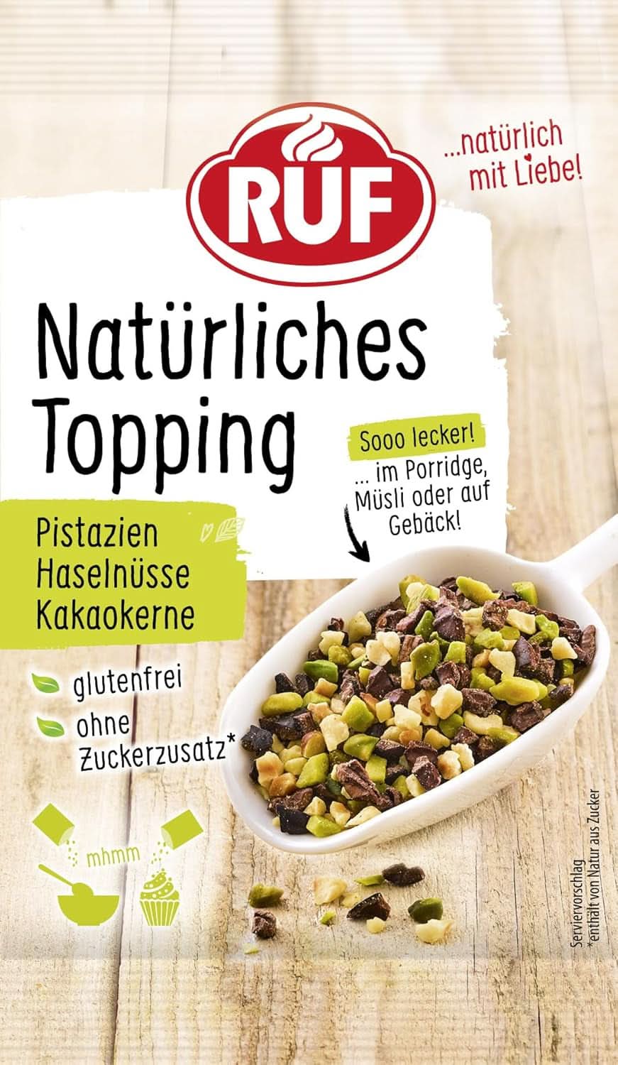 RUF Reischips, ohne künstliche Zusatzstoffe, Fruchtmischung für Brei und Gebäck, glutenfrei, vegan, 15 Gramm Streusel Naty Shop 30 Gramm Pistazie, Kakao, Haselnuss