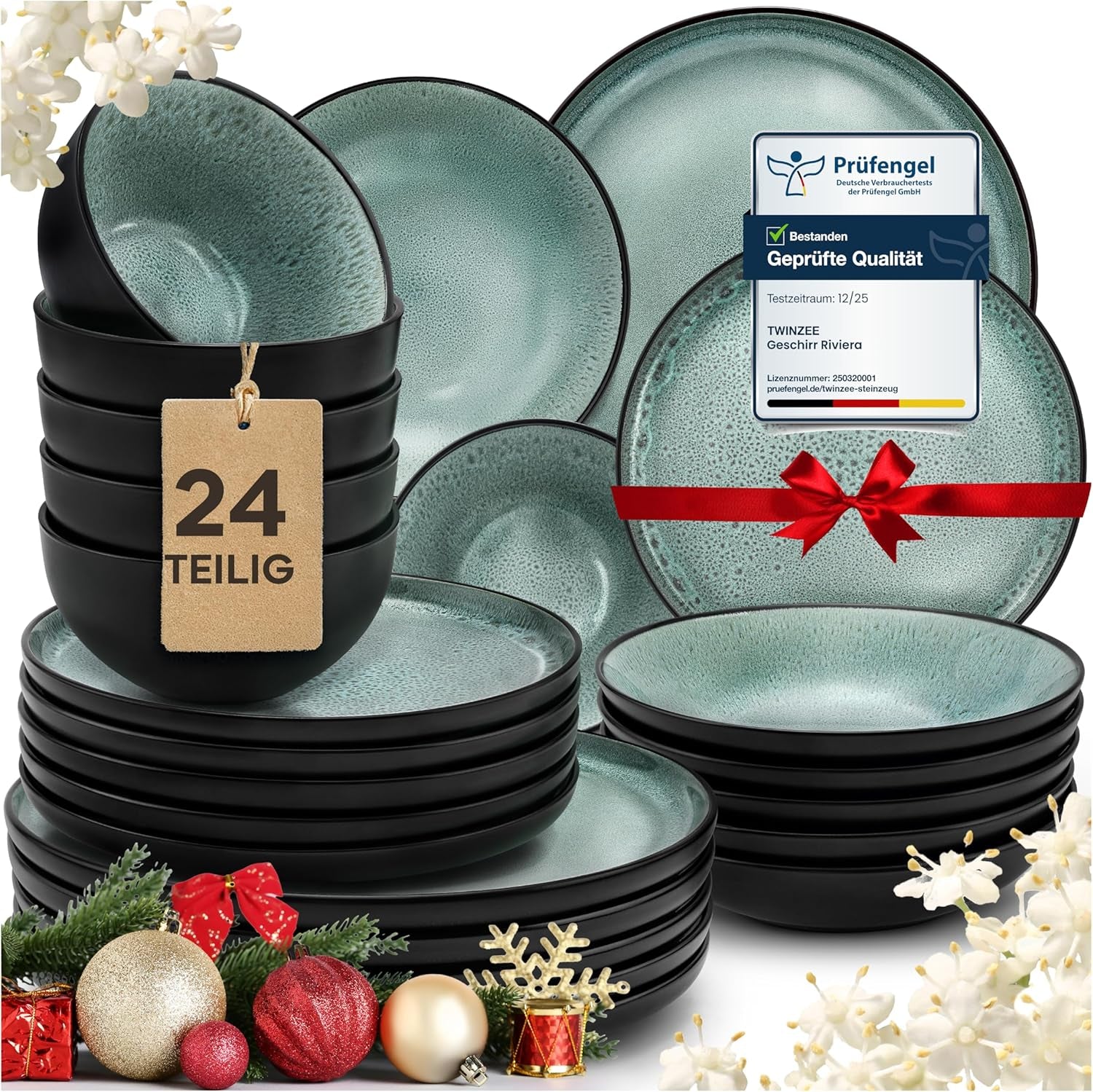 Set de veselă din gresie Twinzee, 24 de piese pentru 6 persoane - Set bol și farfurie - Veselă din gresie pentru cuptorul cu microunde - Colecția Riviera