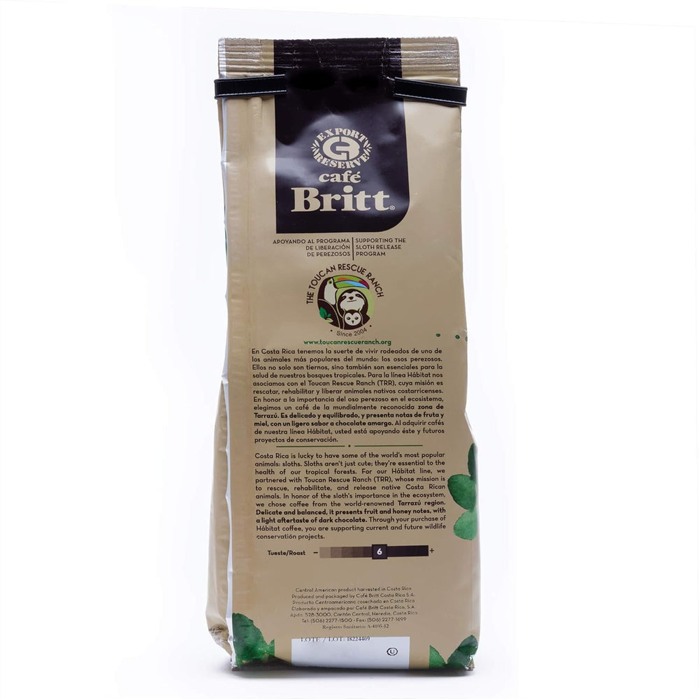 Café Britt® - Amestec Costa Rican Habitat Sloth Blend (340 g.) (Pachet de 1) Cafea Arabica în boabe întregi, Kosher, fără gluten, gourmet și prăjire medie închisă