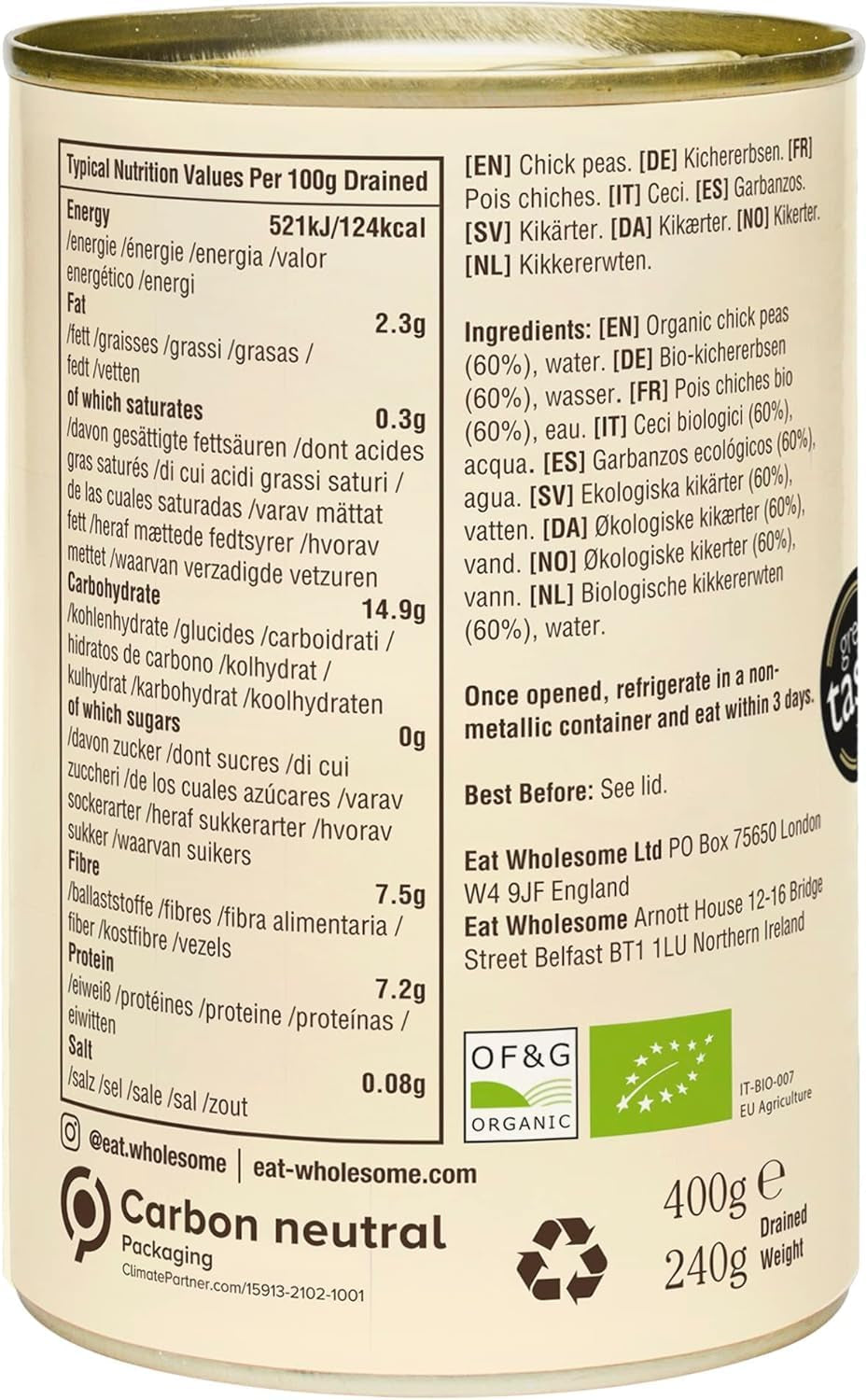 Essen Sie gesunde Bio-Kichererbsen, 400 g (12er-Packung) – in Wasser gekocht, ohne Salzzusatz, 100 % natürlich, Proteinquelle, vegan, BPA-freies Futter und CO2-neutrale Verpackung
