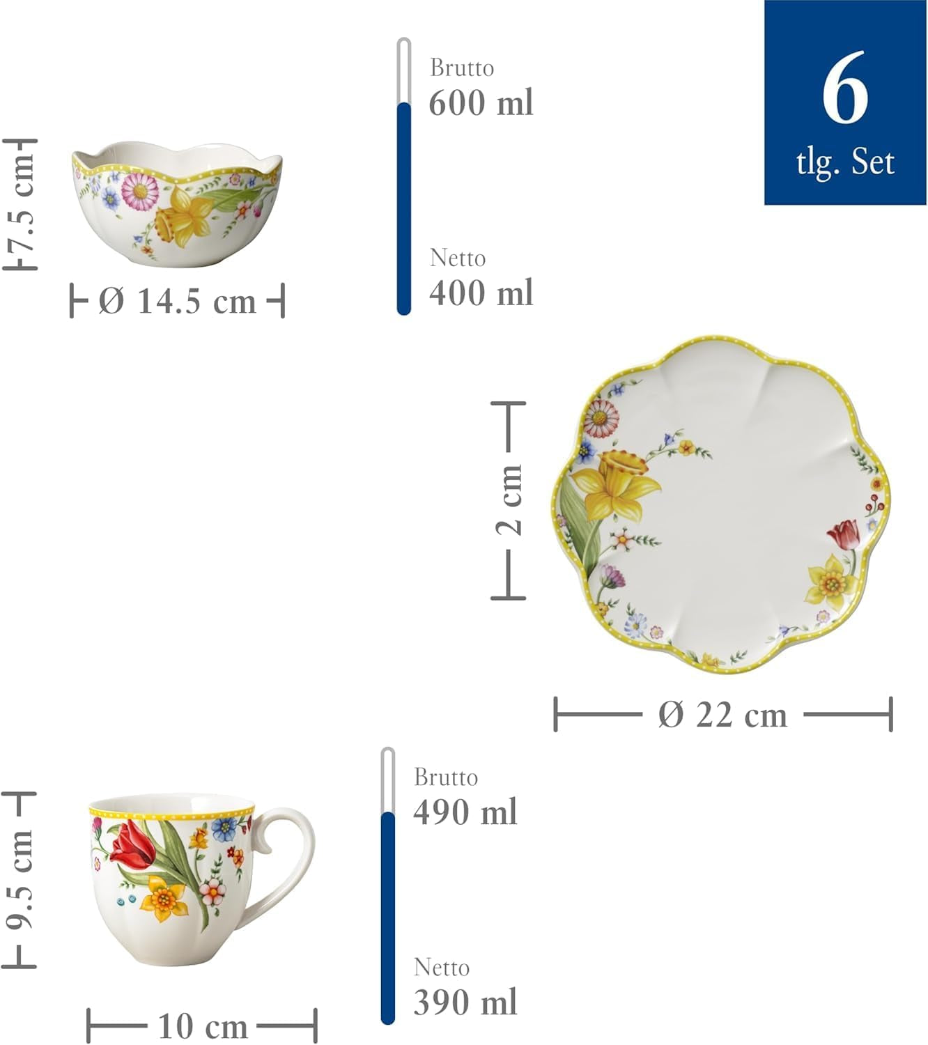Villeroy & Boch - Set de mic dejun Spring Awakening pentru 2 persoane, 6 piese, Set de veselă de Paște, Mic dejun, Paște, Serviciu de cafea, Veselă de primăvară, Porțelan