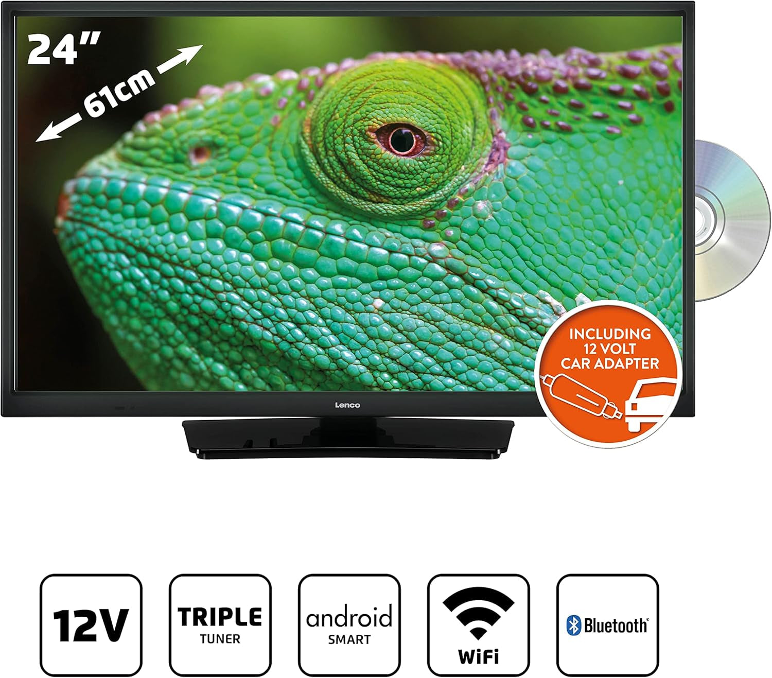 Televizor inteligent Lenco LED-2463 de 24 de inci, Full HD - Televizor cu Bluetooth - Adaptor auto de 12 V - Netflix, YouTube și Wi-Fi - Bluetooth - HDMI - Ethernet - Negru