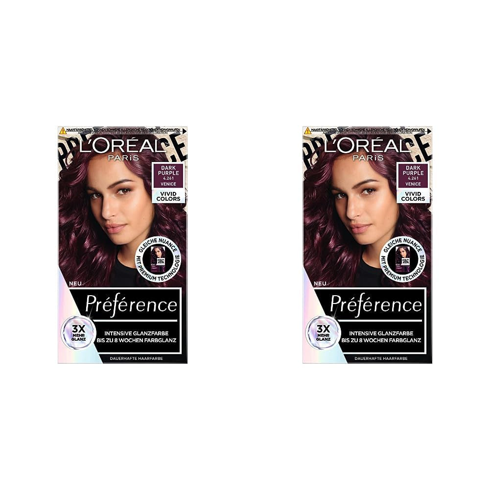 L'Oréal Paris Intensive permanent hair color, Până la 8 săptămâni de păr strălucitor și culoare intensă, Préférence Vivid Colors, Culoare: 4.261 DARK PURPLE, 1 buc (pachet de 2) Vopsea pentru par Naty Shop Titlu implicit