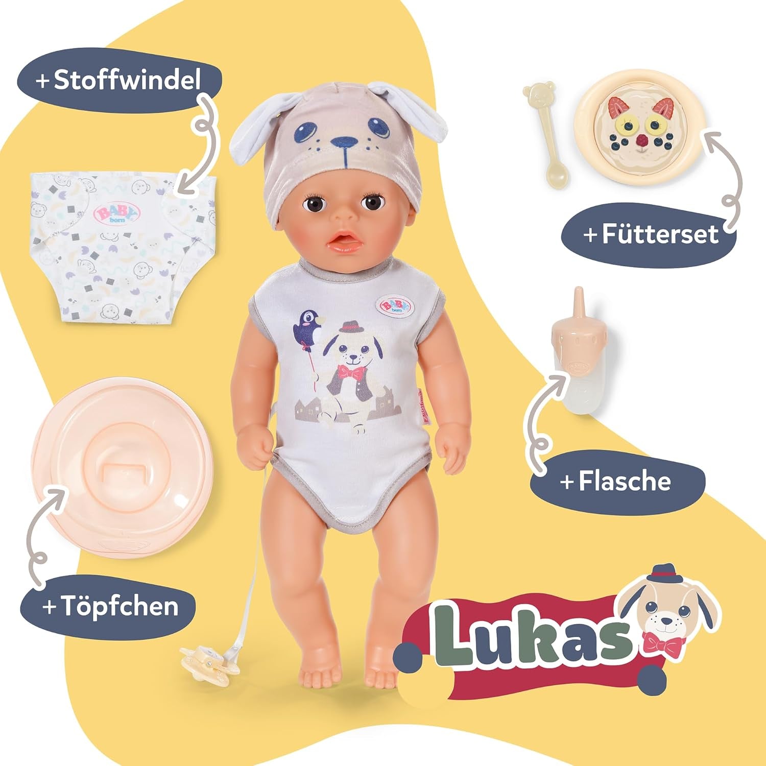 BABY Born Lukas in Strampler mit Hundemotiv, 36 cm große Puppe mit 7 Funktionen für Kinder ab 1 Jahr