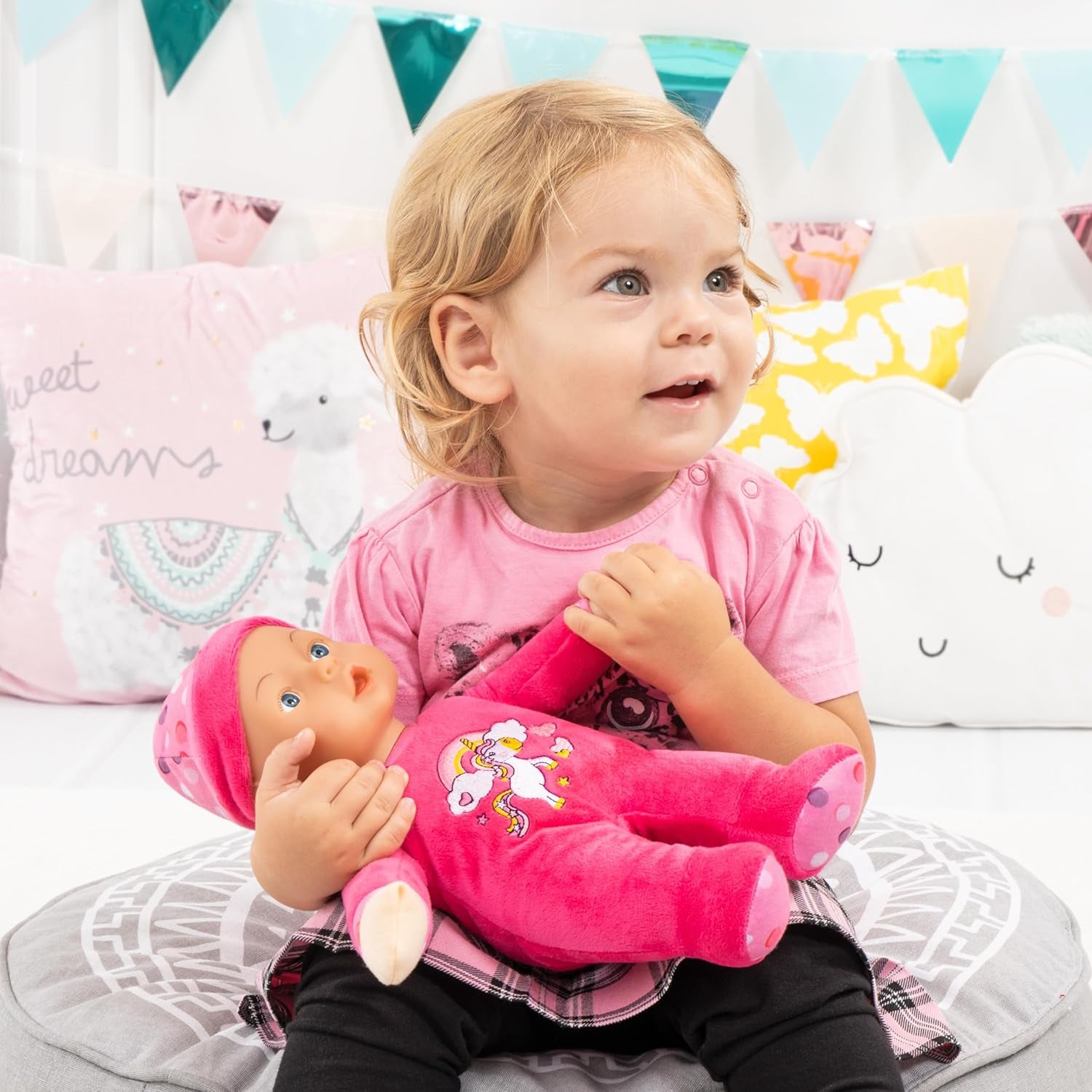 Bayer Design 93029AC Babypuppe, Spielpuppe, Kuschelpuppe, weich, ca. 30 cm, Rosa, Einhorn
