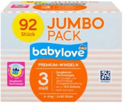 Babylove Premium-Windeln, Größe 3, Midi, 4–9 kg, 92 Stück, Packung XL
