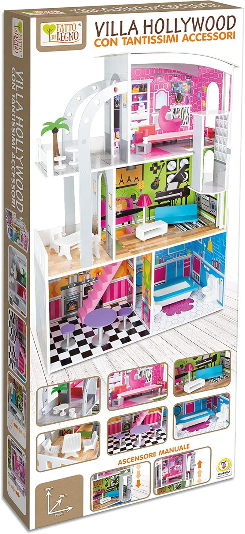 Teorema 40642 - Casa de papusi Tema Hollywood, 4 camere, Cu accesorii din lemn, Ridicare manuala, Inaltime 110 Cm Casute de papusi Naty Shop