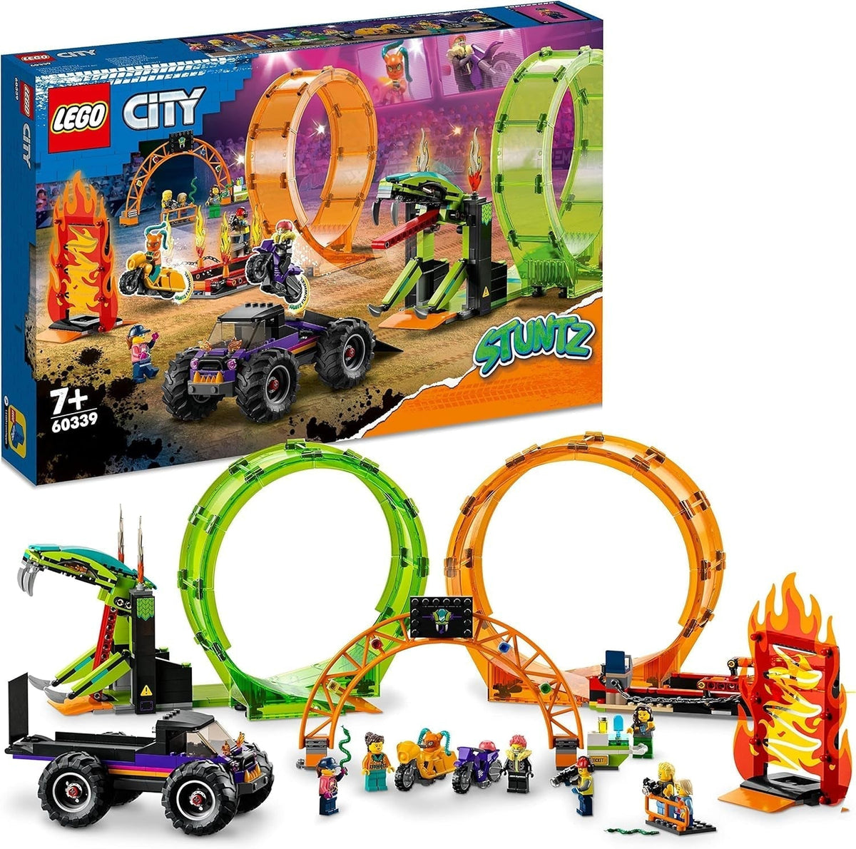 LEGO 60339 City Stuntz Stuntz Show Double Looping Set, Incl. rampă, monster truck, 2X motocicletă și 7 minifigurine, jucărie pentru copii cu vârsta peste 7 ani Seturi de constructie Besuche den LEGO-Store Singur