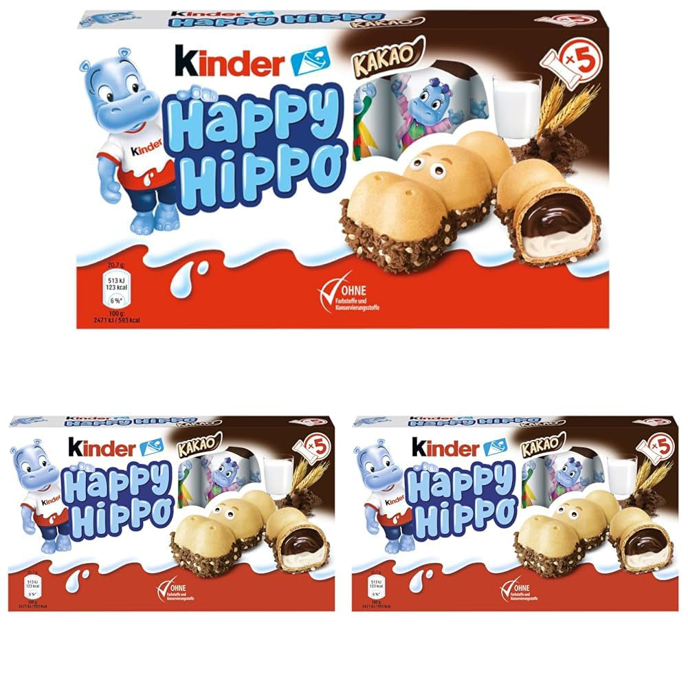 Kinder Happy Hippo Haselnuss – Knusprige Spezialwaffeln mit Milch und Haselnusscreme – Karnevals- und Faschingssüßigkeiten – 1 Packung mit 5 einzelnen Riegeln à 20,7 g