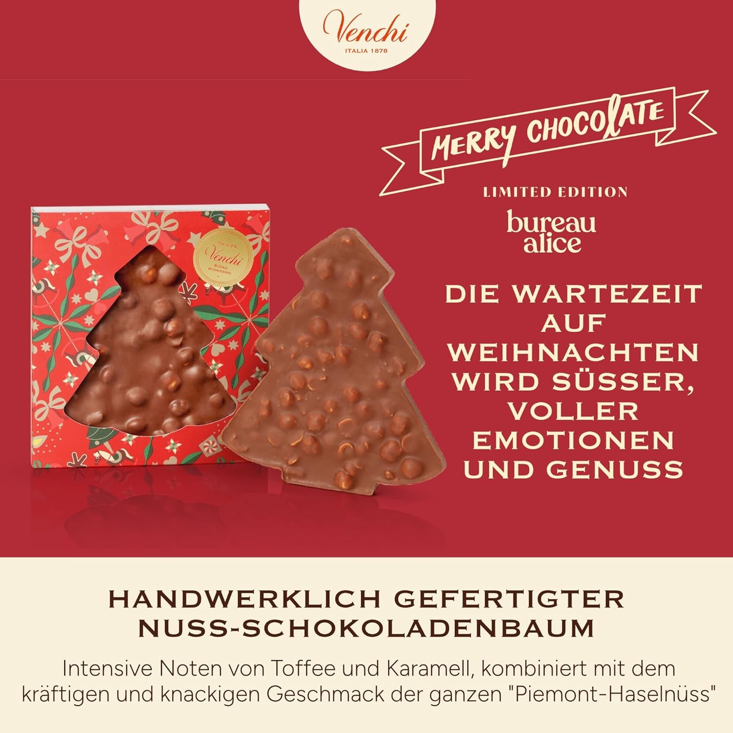 Venchi, Brutto&Buono, handgemachte Milchschokoladentafel in Tannenbaumform „Piedmont Forest Haselnuss“, 200 g, glutenfrei, limitierte Weihnachtskollektion, Geschenkidee