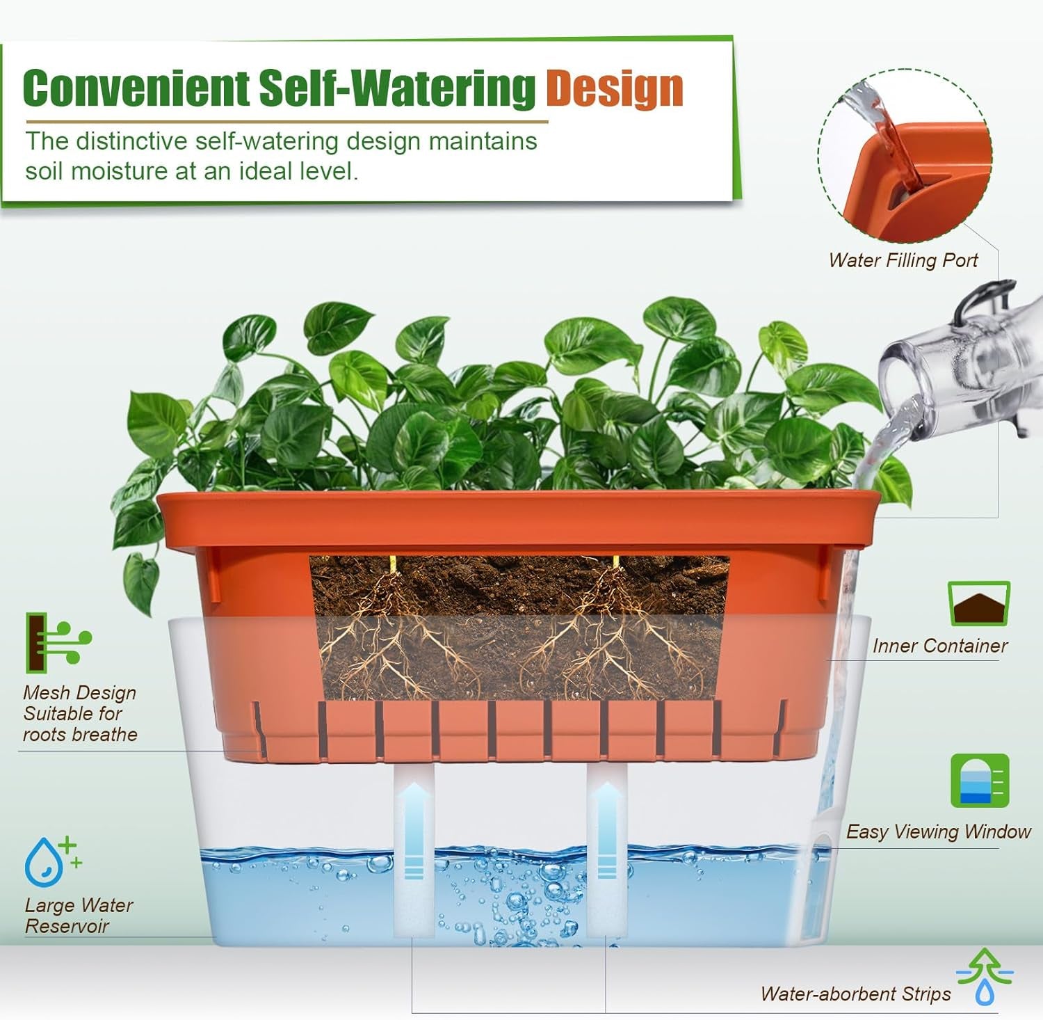 Selbstbewässernde Blumentöpfe, 3er-Set, 27 cm, rechteckige Blumentöpfe, Kräutertöpfe, Fensterbankkästen mit Wassertank, moderne Blumentöpfe aus Kunststoff für den Innen- und Außenbereich, Garten, Büro