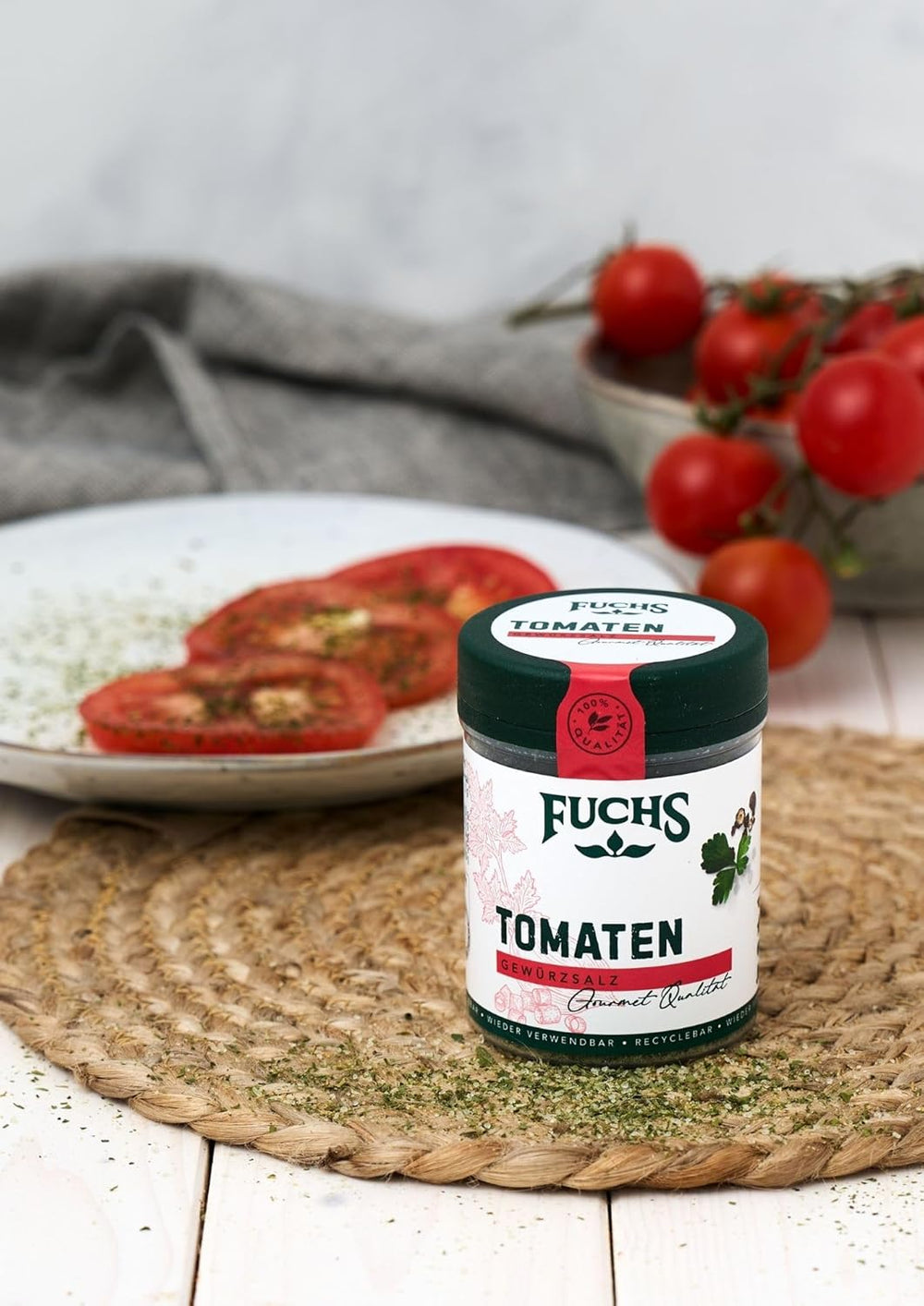 Fuchs Gewürze - Tomatengewürz - Gewürzsalz für Tomatenbrot, Frühstücksei oder Steak - natürliche Zutaten - 90 g in wiederverwendbarer, recyclebarer Dose
