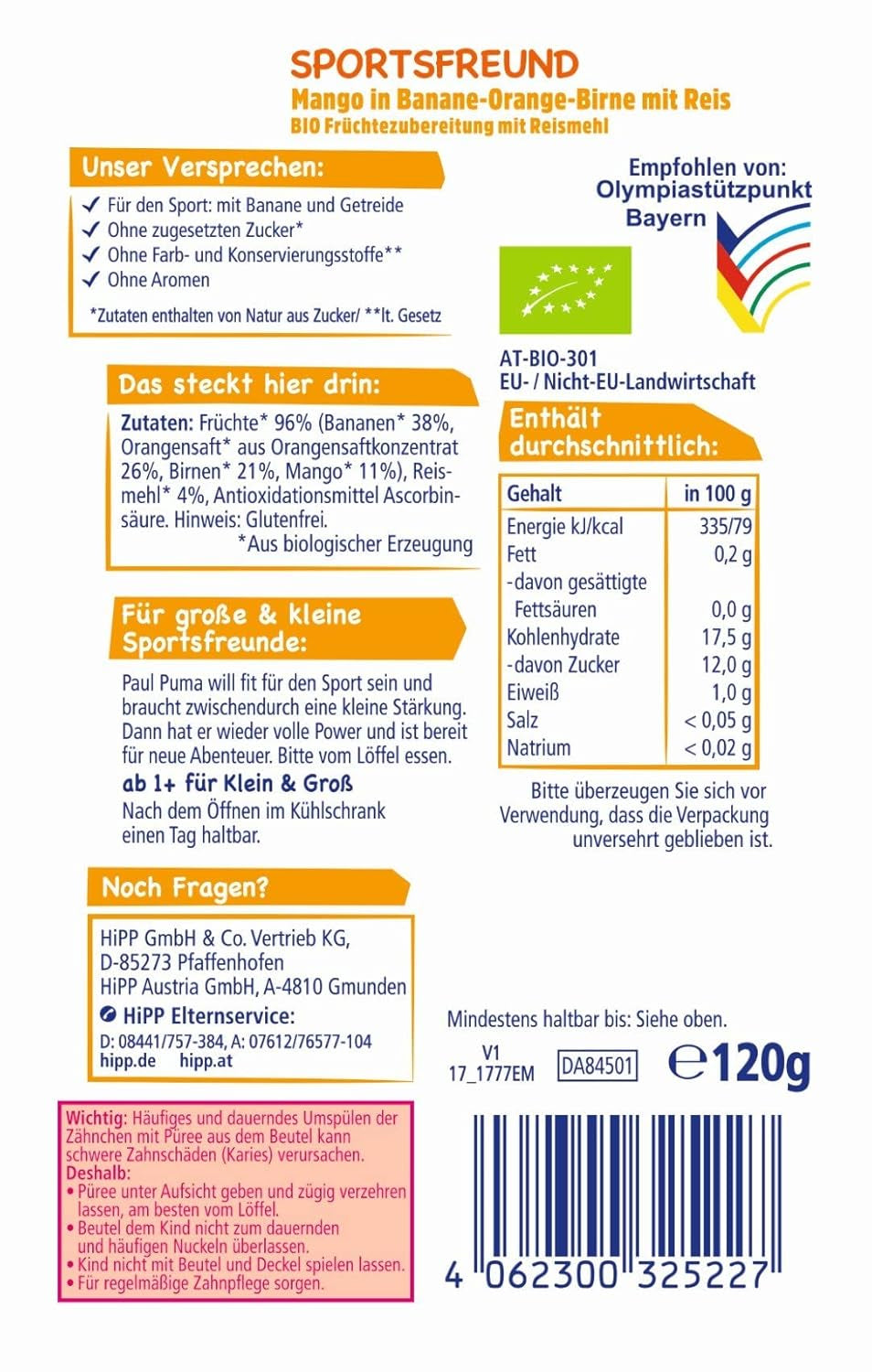 Hipp Quetschbeutel, 100 % Bio-Früchte ohne Zuckerzusatz, 6 x 120 Gramm Mutter und Kind Naty Shop