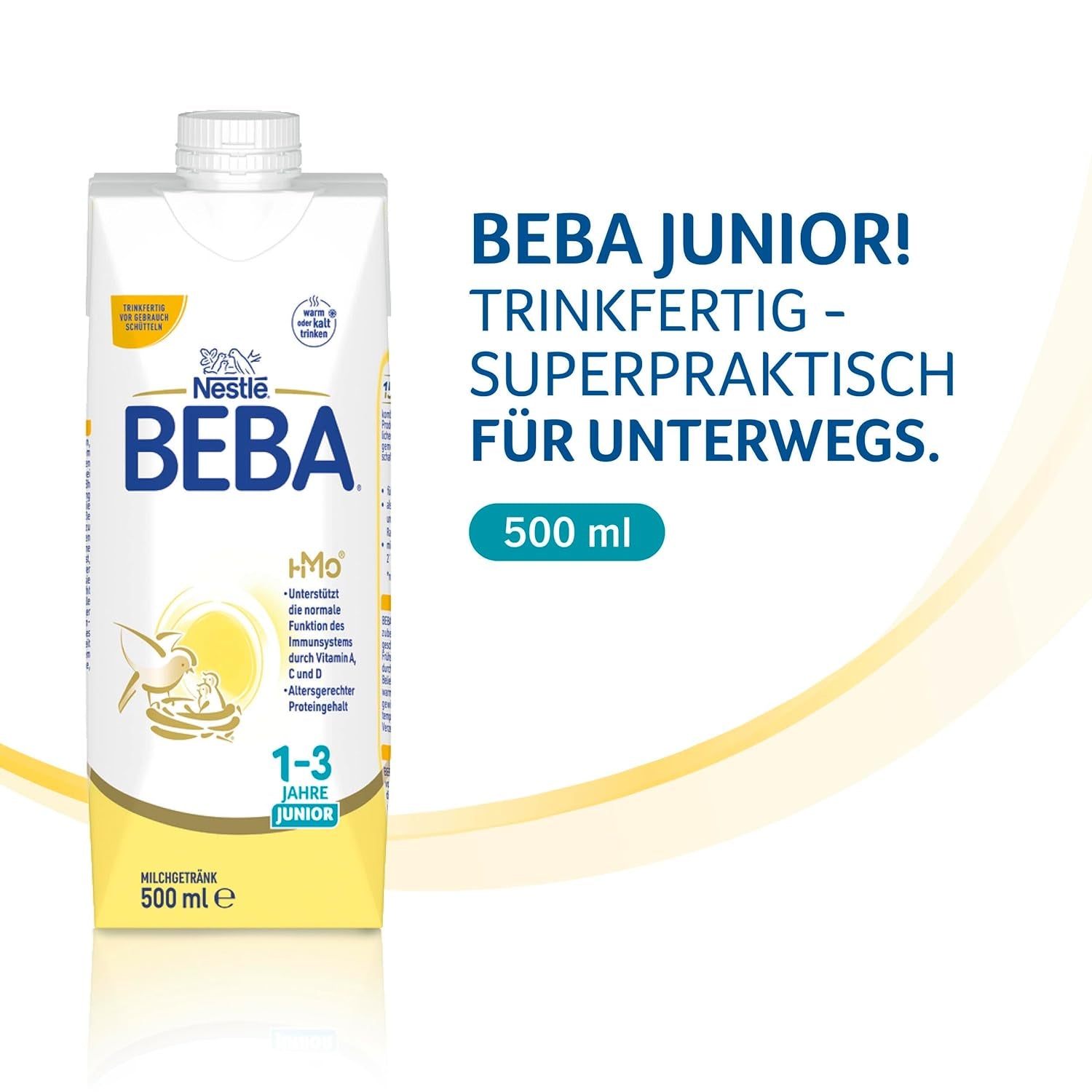 BEBA Junior trinkfertiges Milchgetränk 1-3 Jahre, mit HMO, altersgerechter Proteingehalt, palmölfrei, fischölfrei, Kleinkindnahrung, 12er Pack (12 x 500 ml)