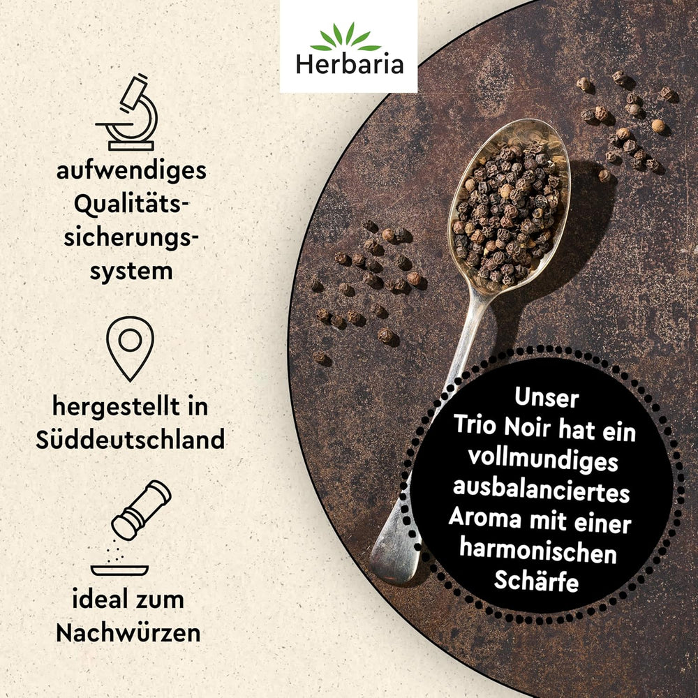 Herbaria Trio Noir bio 75g M-Dose – Bio Pfeffer schwarz ganz – ganze Pfefferbeeren – schwarze Pfeffermischung aus biologischem Anbau von drei verschiedenen Regionen – in nachhaltiger Aromaschutz-Dose