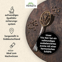 Herbaria Trio Noir bio 75g M-Dose – Bio Pfeffer schwarz ganz – ganze Pfefferbeeren – schwarze Pfeffermischung aus biologischem Anbau von drei verschiedenen Regionen – in nachhaltiger Aromaschutz-Dose