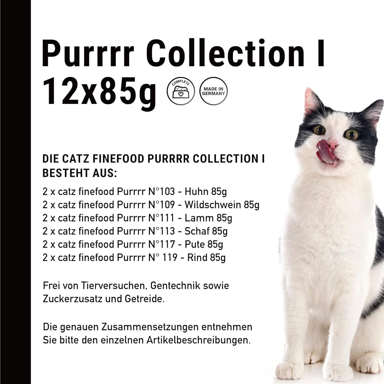 Catz Finefood Purrrr Collection I - Hrană umedă monoproteinică pentru pisici - fără cereale, fără zahăr, hipoalergenică - conținut ridicat de carne - Hrană umedă pentru pisici multipack - în pliculețe, 85 g (12 pachete)