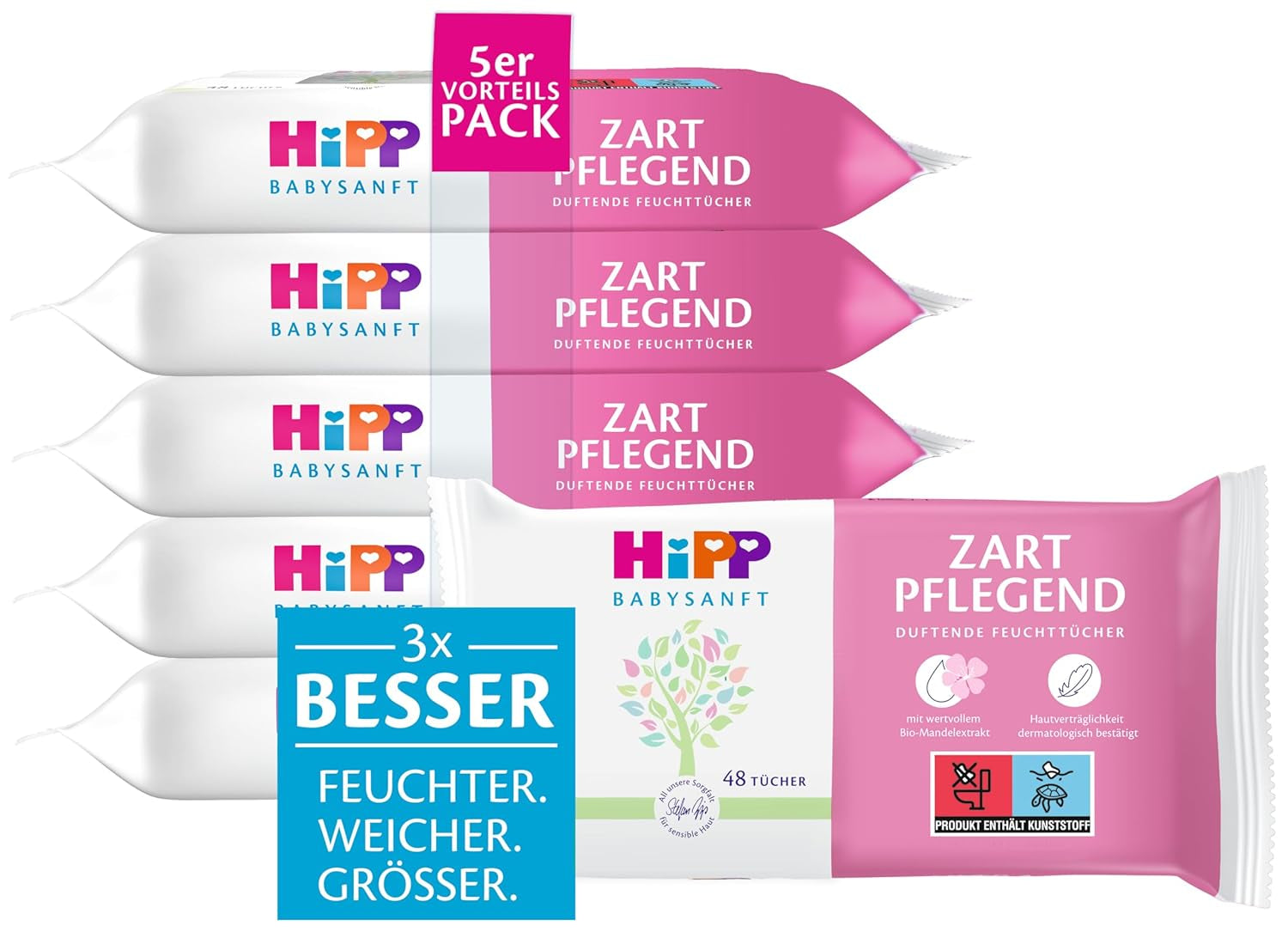 HiPP Babysanft Delicates Baby-Feuchttücher 720 Stück (3 x 240) mit Bio-Mandelextrakt, besonders hautfreundlich für die sanfte Reinigung der empfindlichen Babyhaut