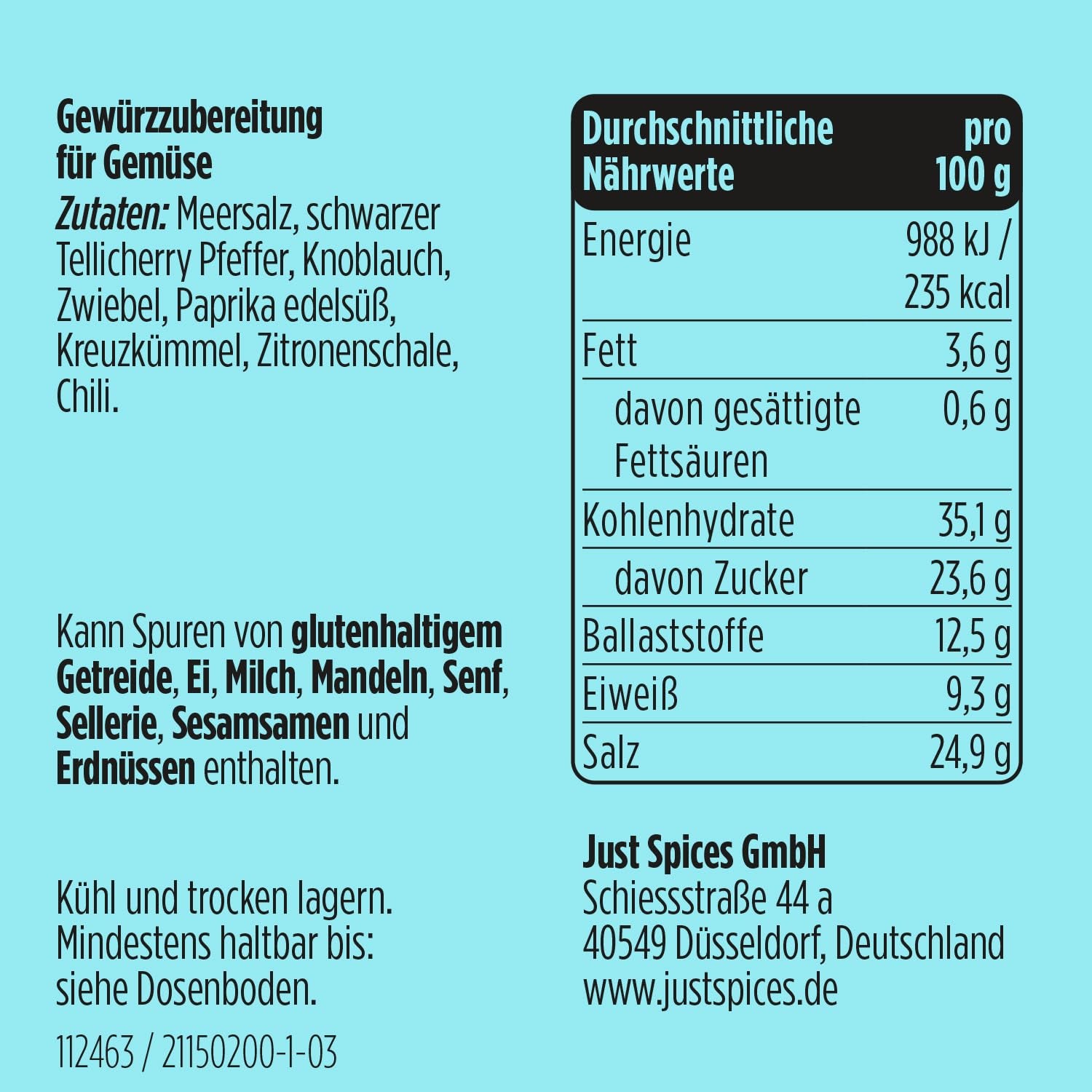 Just Spices Gemüse Allrounder I Jedes Gemüse von Aubergine bis Zucchini lecker würzen I Gewürzdose, 75 g