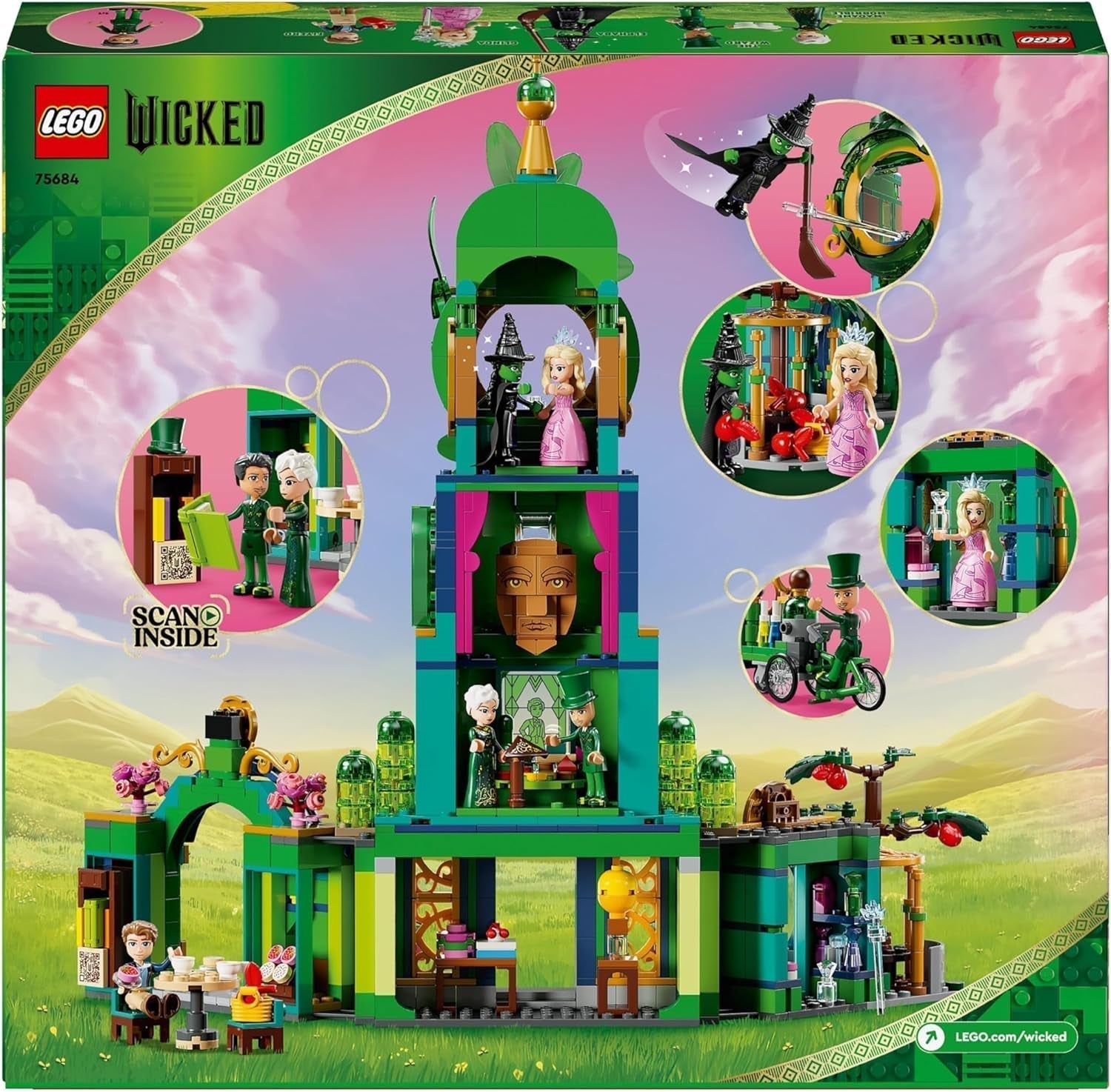 LEGO Wicked Welcome to Emerald City, jucărie cu turn, Glinda și Elphaba mini păpuși, cadou pentru fanii filmului și fete și băieți de la 9 ani, care iubesc casele de păpuși 75684 Seturi de constructie Besuche den LEGO-Store