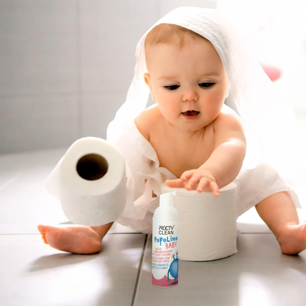 PopoLino Baby-Schaumstoff mit weicher Unterseite anstelle nasser Babytücher. Veganer und natürlicher kosmetischer Reinigungsschaum! Poschaum mit Aloe Vera, Hamamelis, Bergamotte und Vitamin E. Macht Po und Umwelt glücklich.