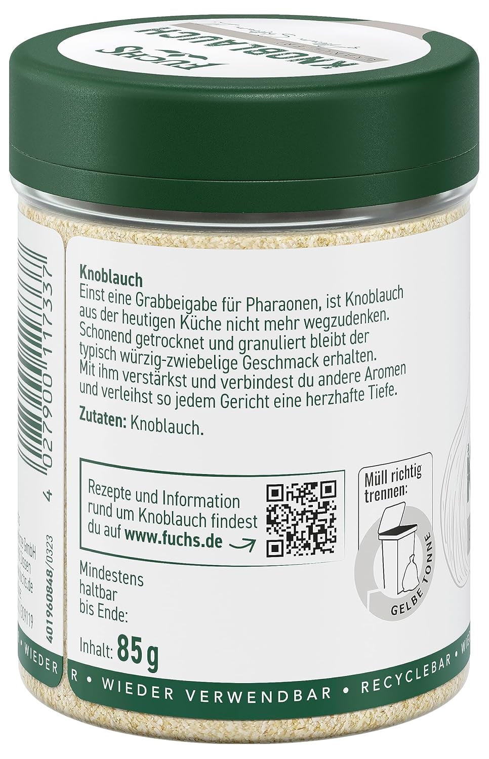 Fuchs Gewürze - Knoblauch granuliert - würzig-zwiebliger Geschmack für Tzatziki, Knoblauchbutter oder Gemüsegerichte - natürliche Zutaten - 85 g in wiederverwendbarer, recyclebarer Dose