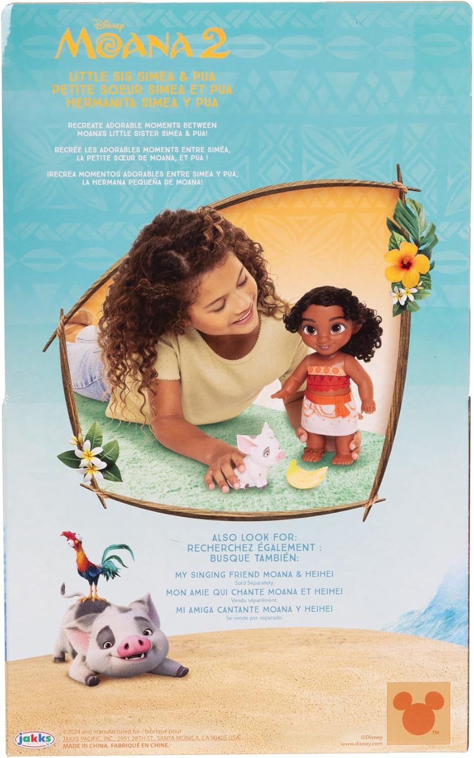 Set de joacă cu păpușă Vaiana 2, sora mai mică a Disney, Simea, și figurină Pua de la Jakks Pacific, 27 cm înălțime, include 1 costum de păpușă, 1 Pua, 1 mănunchi de banane din plastic, recomandat copiilor cu vârsta de 3 ani și peste