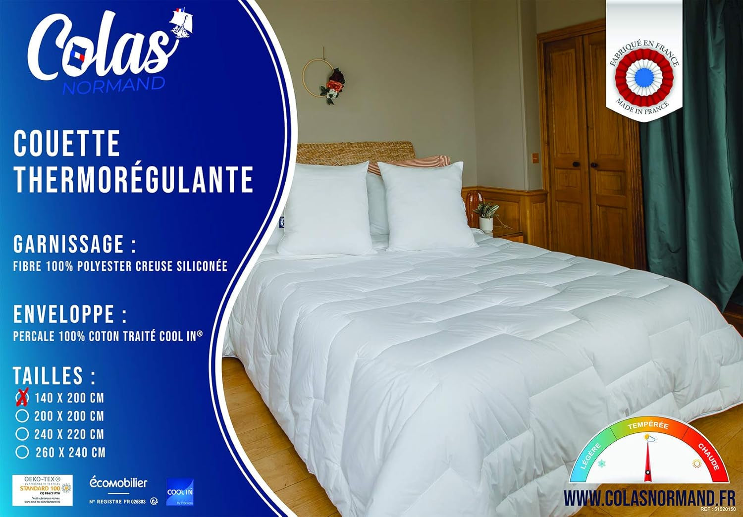 COLAS NORMAND Plapumă termoregulatoare, Cool In, Temperat, 140 X 200 Cm, Transpirație, Ventilație optimă, 100% percale, Fresh Feel, Franceză, 53130255, Alb Plapumi si pilote Naty Shop