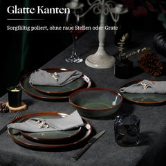 Set de veselă pentru 6 persoane, set de servire din gresie, format din 18 piese, boluri rotunde neregulate pentru cereale, farfurii de desert, farfurii de cină, rezistent la zgârieturi și potrivit pentru cuptorul cu microunde, verde mușchi reactiv