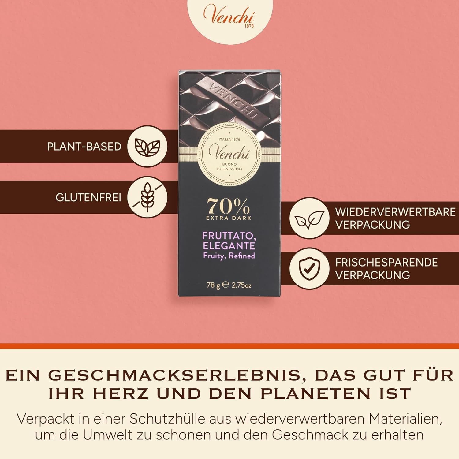 Venchi – Zartbitterschokolade 70 %, 78 g – Mit ausgewählten Kakaomischungen – Glutenfrei – Vegan
