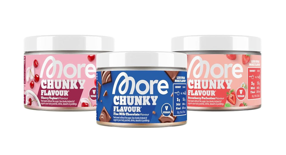 MORE Chunky Flavour, Blueberry Cheesecake, Aromapulver zum Süßen mit Inulin und Laktase, 150 Gramm Süßstoffe Naty Shop 150 G (3Er Pack) Gemischt (Feine Milchschokolade, Erdbeerperfektion, Kirschjoghurt)