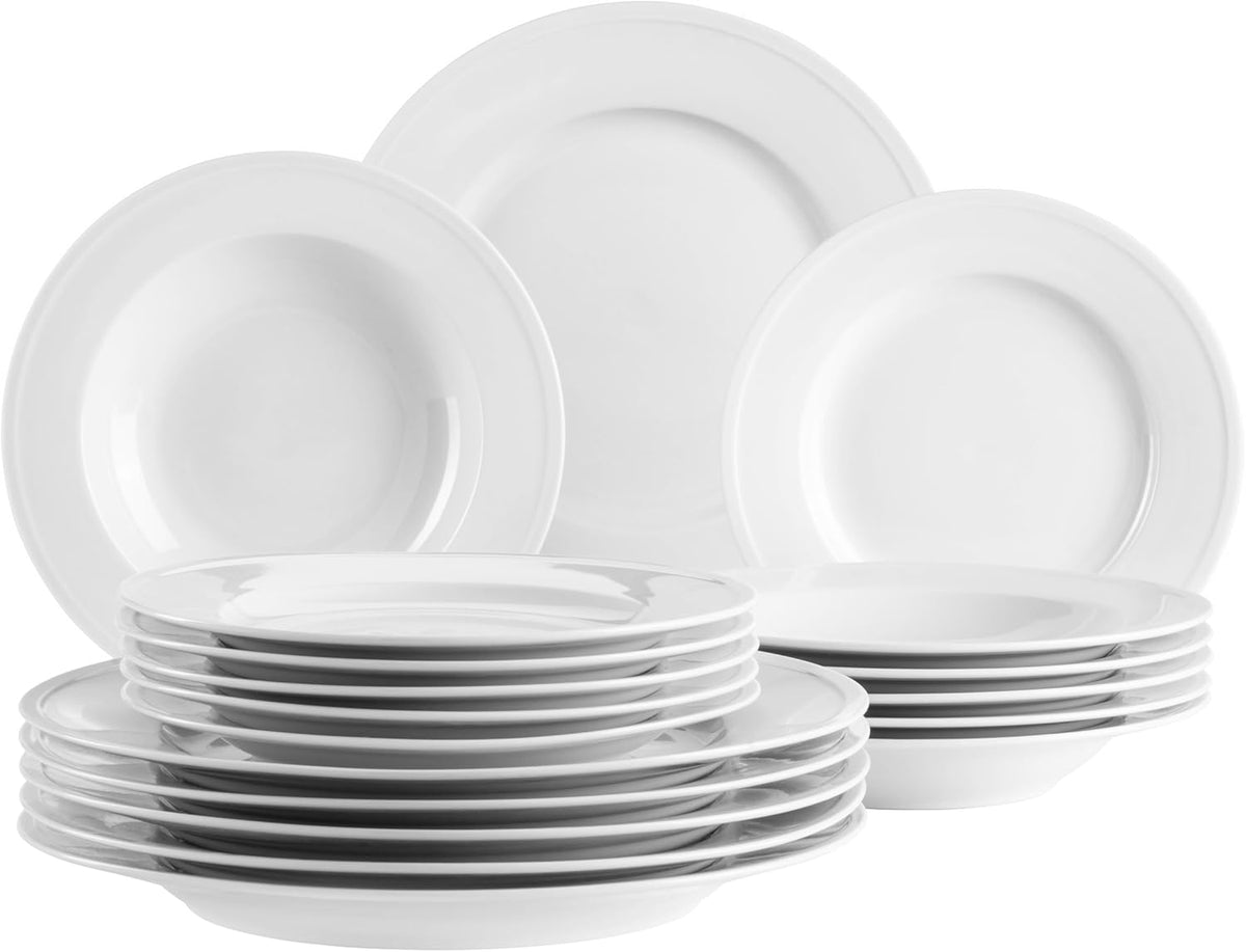 Set de veselă din porțelan MÄSER Arlona, 18 piese pentru 6 persoane, atemporal și elegant, alb