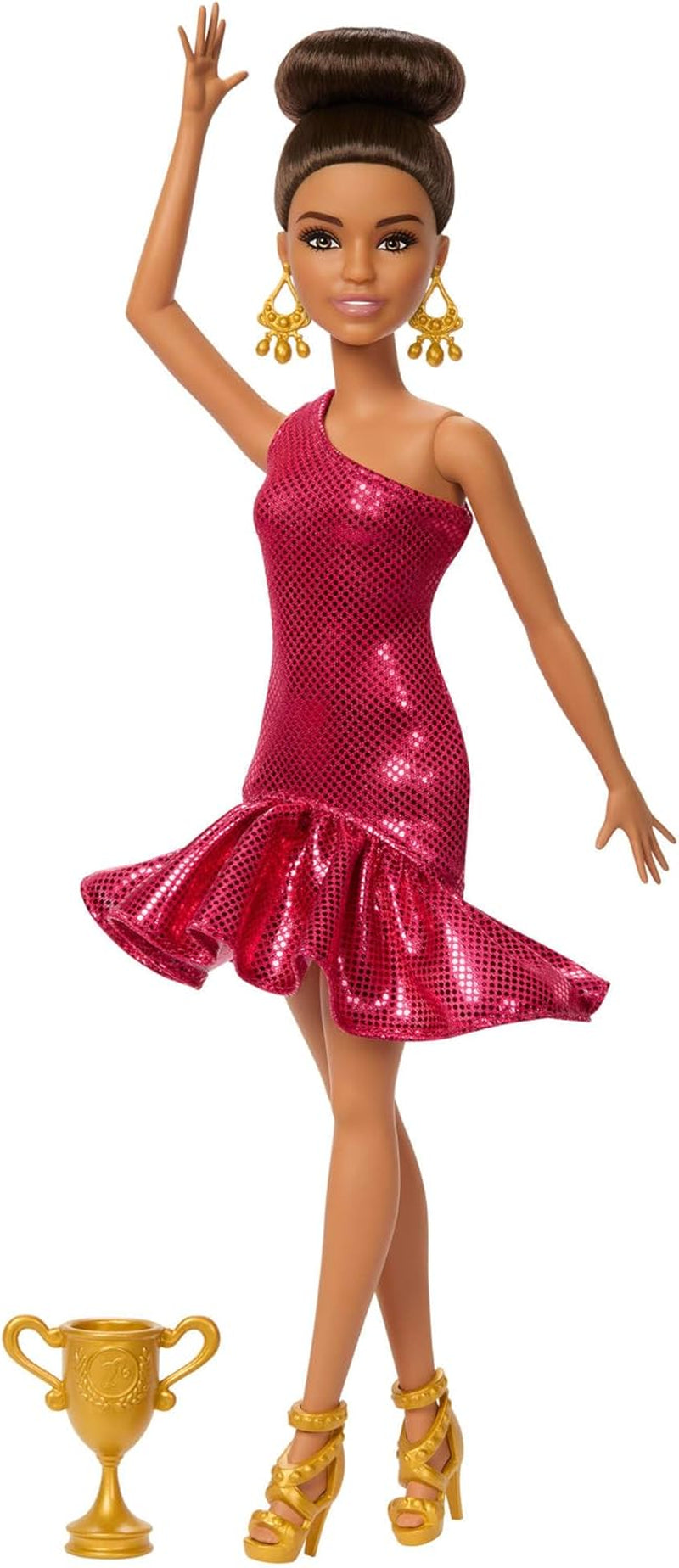 Modische tanzende Barbie-Puppe mit rotem Rüschenkleid, Tanzschuhen, braunem Haar und tanzenden Trophäen-Accessoires, JFR09 Naty Shop Dolls Standardtitel