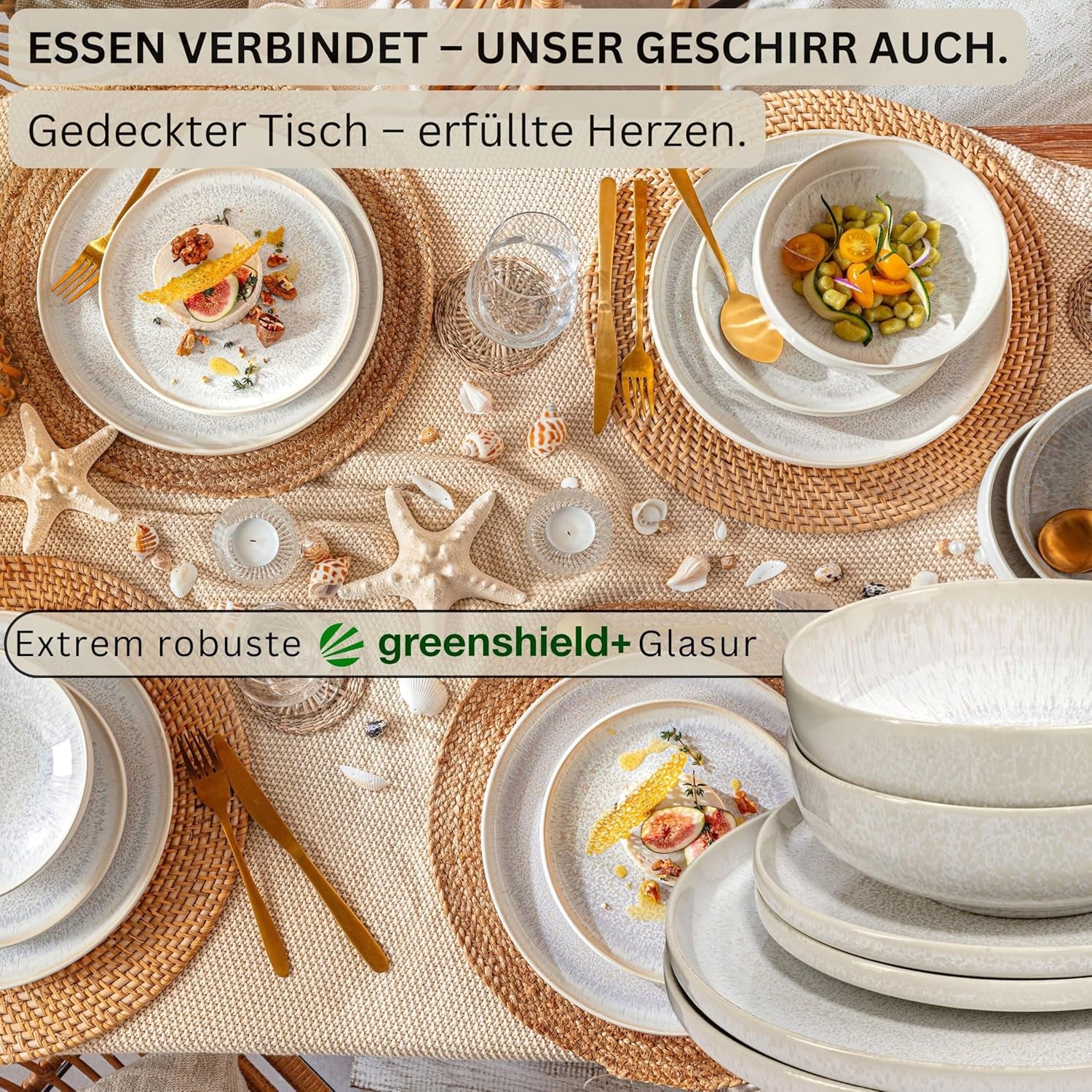 SÄNGER | Set de veselă Corfu cu 24 de piese, serviciu de cină pentru 8 persoane, ceramică lucrată manual, set de farfurii care include farfurii de cină, farfurii de desert și farfurii de sumă, veselă de culoare crem cu textură nisipoasă