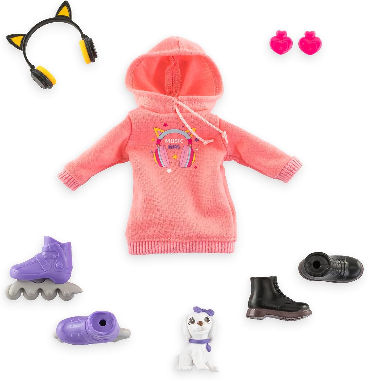 Corolle Girls Melody Music und Fashion Set, Knöchelpuppe im coolen Hoodiekleid mit Hund, trendige Kopfhörer, Ohrringe und extra Inlineskates, Vanilleduft, 28cm, ab 4 Jahre