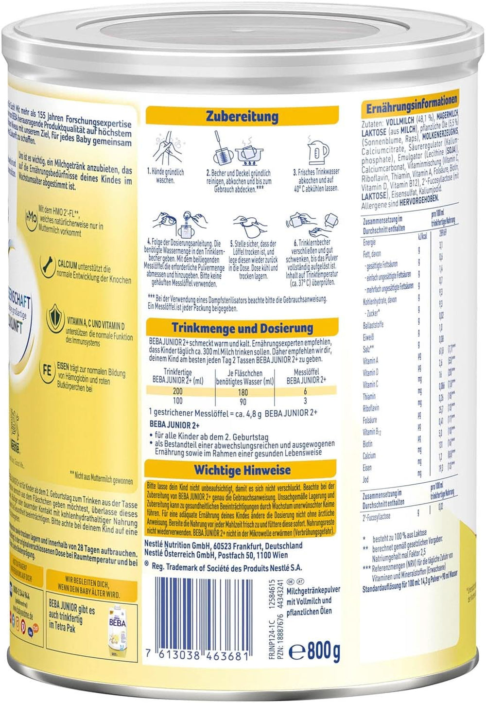 BEBA Junior 2+ Milchgetränk zum 2. Geburtstag, HMO 2'-FL Babynahrung, nur Laktose, frei von Palmöl, Packung 6 (6 x 800 g) Mutter und Baby Naty Shop