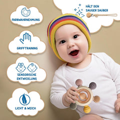 Inel de dentiție pentru bebeluși cu lanț pentru suzetă - ajutor pentru dentiție - jucărie pentru bebeluși 0-6 luni - articole esențiale pentru nou-născuți - jucărie de dentiție, fără BPA - idei de cadouri pentru sugari