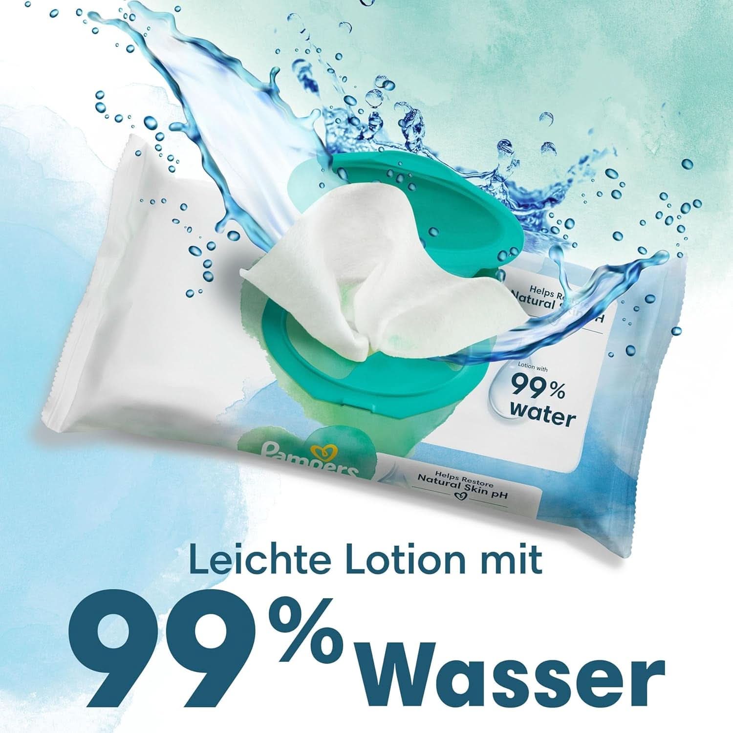 Pampers Harmonie Aqua Feuchttücher, Feuchttücher, die dabei helfen, den natürlichen pH-Wert der Haut wiederherzustellen, leichte Lotion mit 99 % Wasser Baby-Feuchttücher Naty Shop