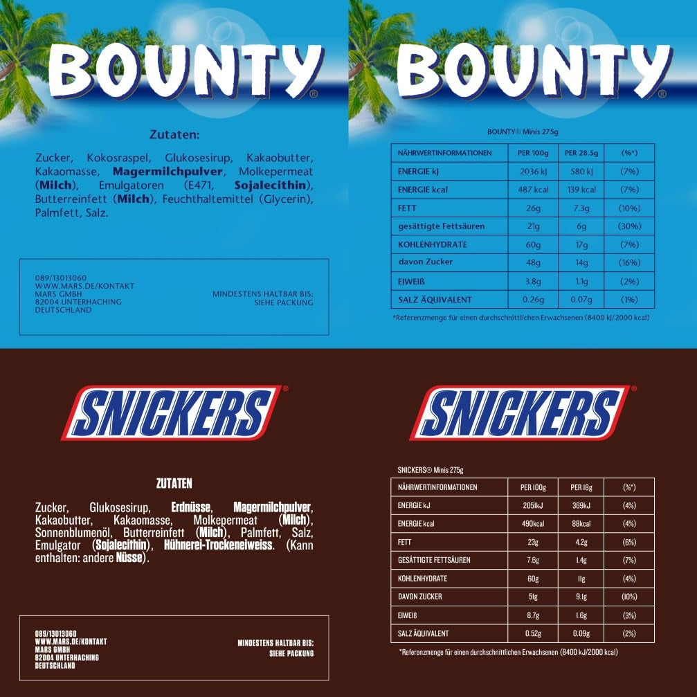 Mini-Mischschokoladen-Großpackung, 20 Mini-Schokoladensnacks (Mars, Snickers, Bounty, Twix, Milky Way), als Süßigkeiten, Schokoladengeschenk, Süßigkeitenbox, 400 g