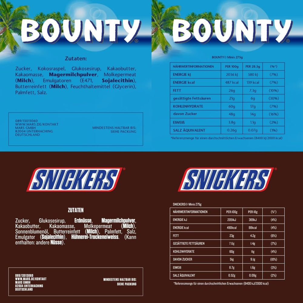 Mini-Mischschokoladen-Großpackung, 20 Mini-Schokoladensnacks (Mars, Snickers, Bounty, Twix, Milky Way), als Süßigkeiten, Schokoladengeschenk, Süßigkeitenbox, 400 g
