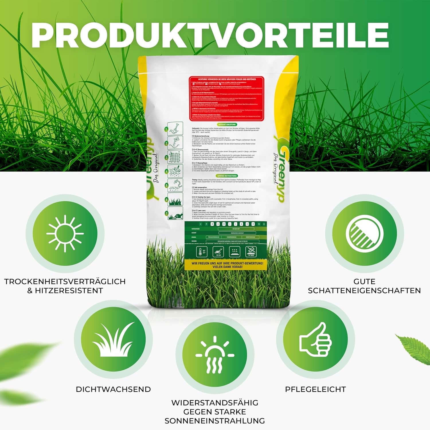 Greenyp® Sunny I Dürreresistenter Trockenrasen I 0,2Kg Für 10M² I Grassamen Rasensamen Rasensaat Gras Nachsaat Schnellkeimend