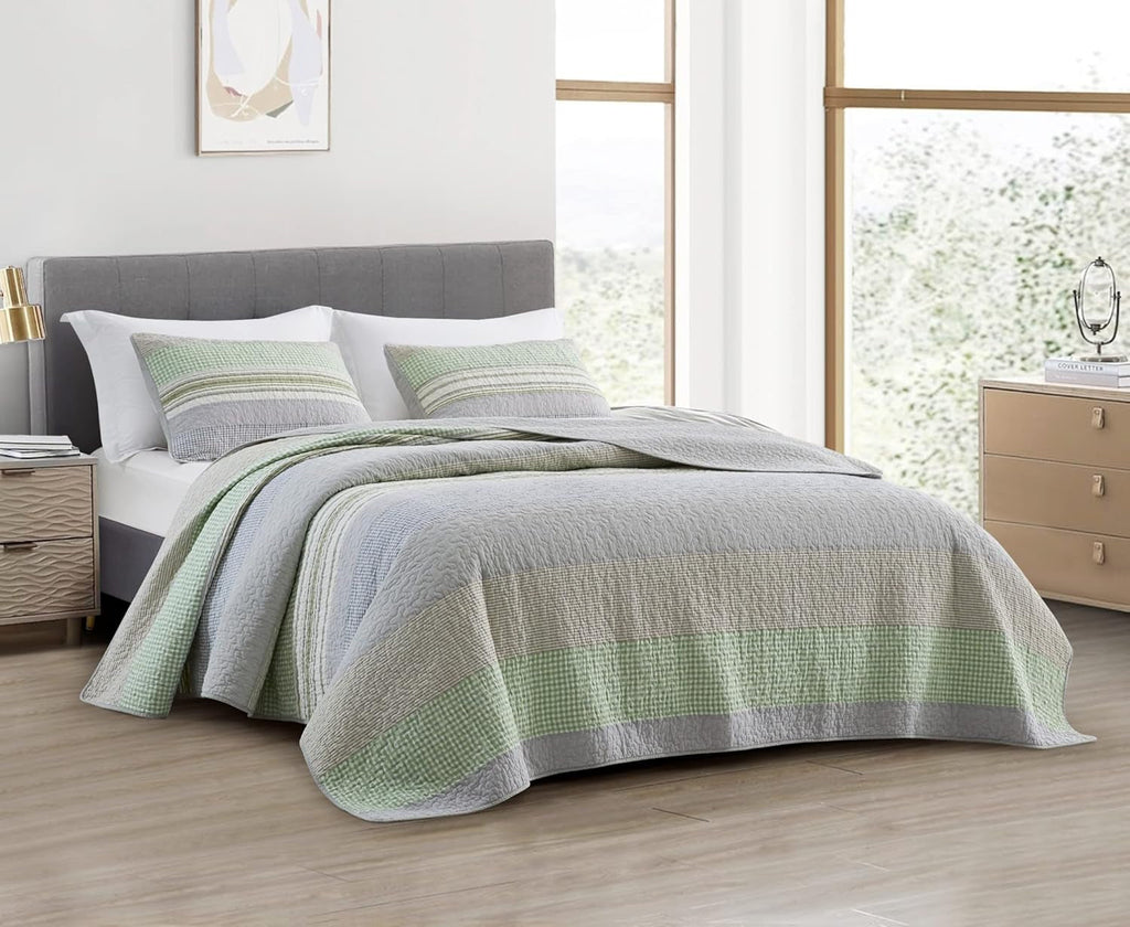 Chezmoi Collection Addy Patchwork Quilt Set bumbac pre-spălat, ușor, reversibil, pentru toate anotimpurile, supradimensionat, 3 piese, albastru marin, alb, gri, taupe, în carouri Plapumi si pilote Naty Shop Plaid Candy Stripes Patchwork Verde Gri Regina