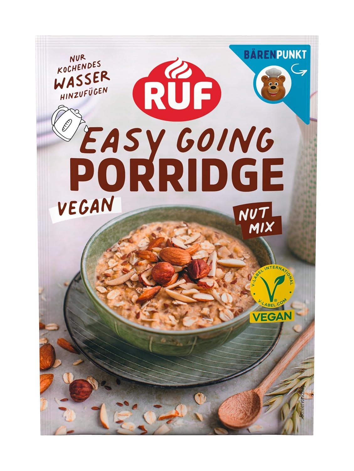 RUF Veganer Porridge mit Nüssen und Hafer, Haferflocken mit Mandeln, Haselnüssen und Leinsamen, einfach zuzubereiten, im praktischen Portionsbeutel, 1 x 60 g