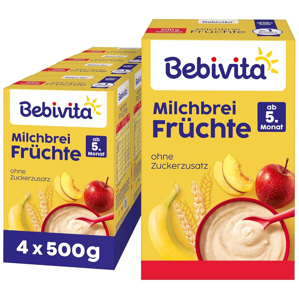 Milchbrei mit Früchten (4x500g), ab 5 Monaten, ohne Zuckerzusatz, mit wertvollen Mineralien und Vitaminen, sehr sättigend