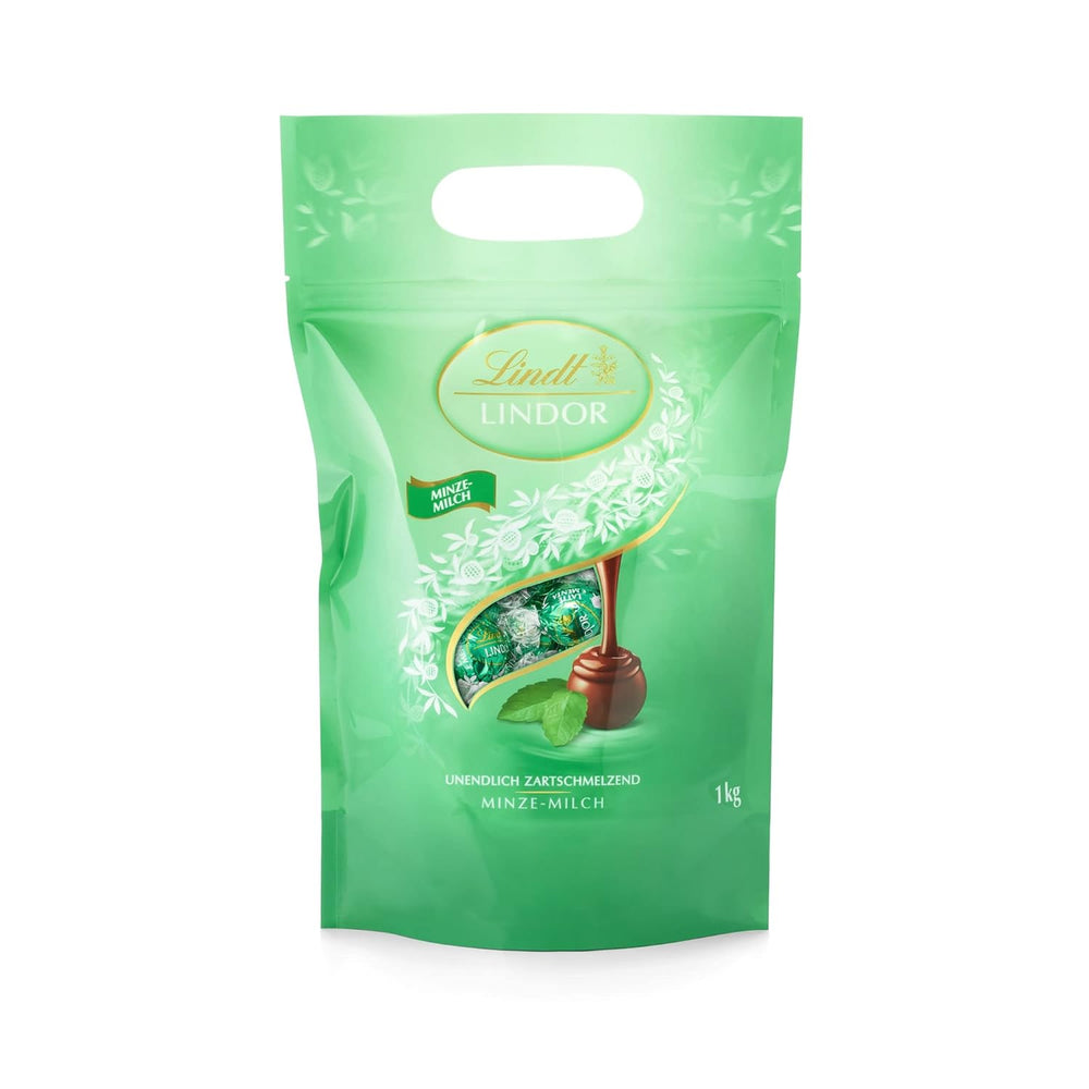 LINDOR weiße Schokoladenkugeln, 1 kg und LINDOR | 1 kg wiederverschließbarer Beutel | ca. 80 Vollmilchschokoladenkugeln mit Minzfüllung | Großpackung, Pralinengeschenk, Schokoladengeschenk