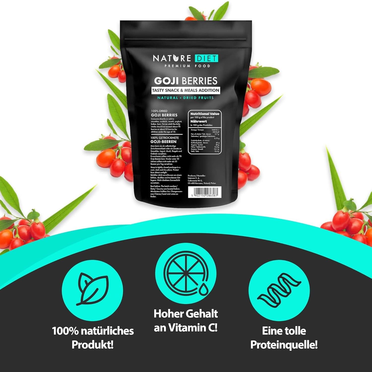 Nature Diet - Goji-Beeren 1000 G | Getrocknete Beeren Naty Shop dehydrierte Produkte