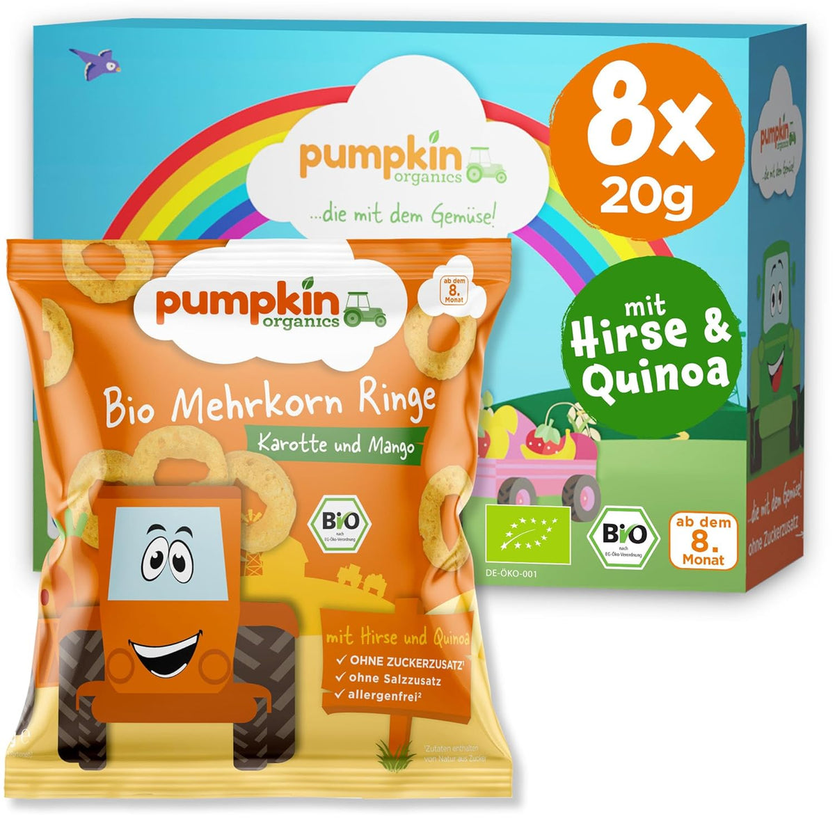 Pumpkin Organics Baby Mehrkorn-Karotten- und Mangoringe (8er-Pack) Baby-Snacks ohne Zusatzstoffe ab 12 Monaten – allergenfreie² und glutenfreie³ knusprige Baby-Snacks (8 x 20 g)