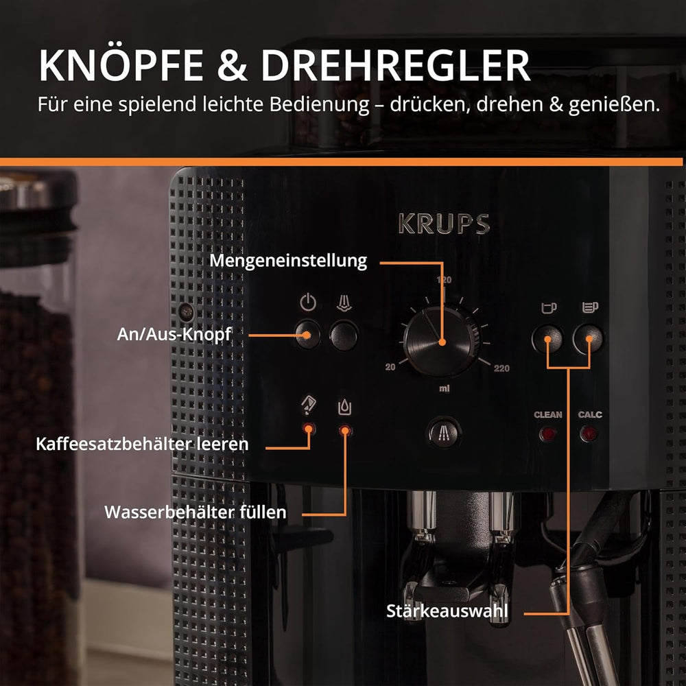Espressor automat KRUPS Arabica Picto, design compact, utilizare ușoară, control rotativ intuitiv reglabil, spumator de lapte, funcție pentru 2 căni, espressor, negru, EA810870
